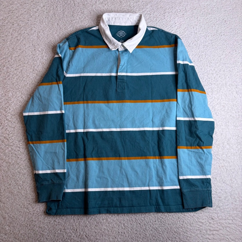 St Johns Bay Mens Large Striped Long Sleeve Rugby Shirt Blue Teal Cotton
